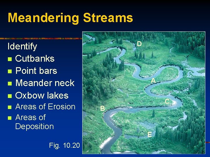 Meandering Streams D Identify n Cutbanks n Point bars n Meander neck n Oxbow