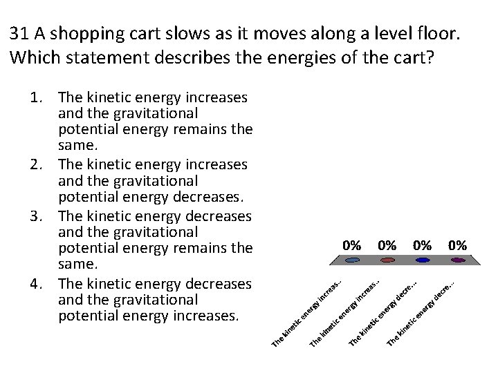 31 A shopping cart slows as it moves along a level floor. Which statement