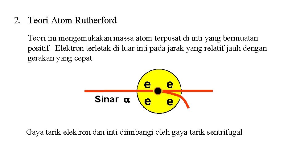 2. Teori Atom Rutherford Teori ini mengemukakan massa atom terpusat di inti yang bermuatan 2. Teori Atom Rutherford Teori ini mengemukakan massa atom terpusat di inti yang bermuatan