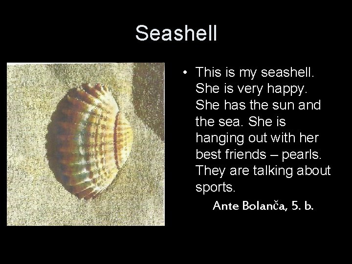 Seashell • This is my seashell. She is very happy. She has the sun