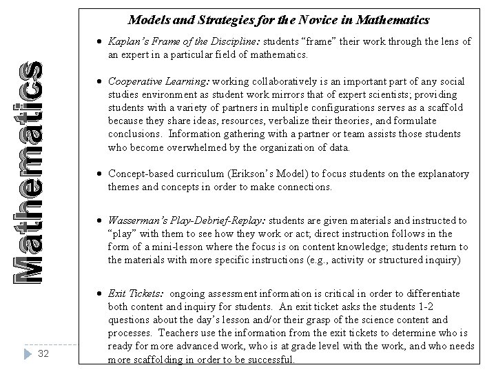 Models and Strategies for the Novice in Mathematics · Kaplan’s Frame of the Discipline: