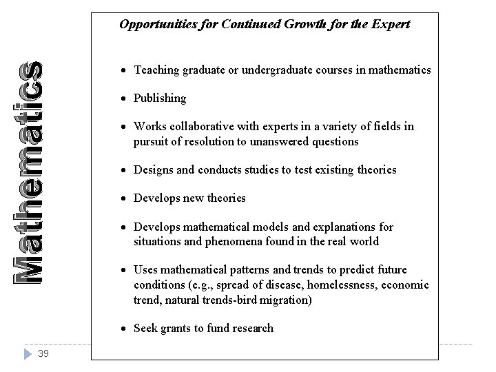 Mathematics Opportunities for Continued Growth for the Expert · Teaching graduate or undergraduate courses