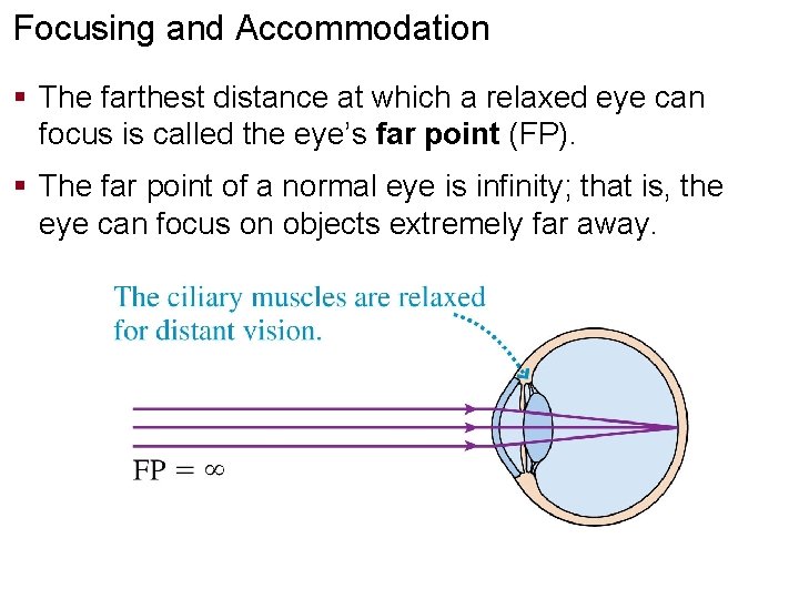 Focusing and Accommodation § The farthest distance at which a relaxed eye can focus