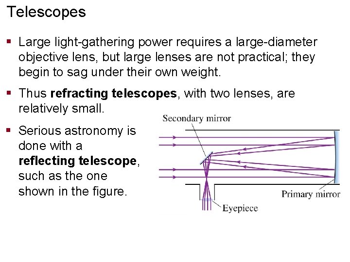 Telescopes § Large light-gathering power requires a large-diameter objective lens, but large lenses are