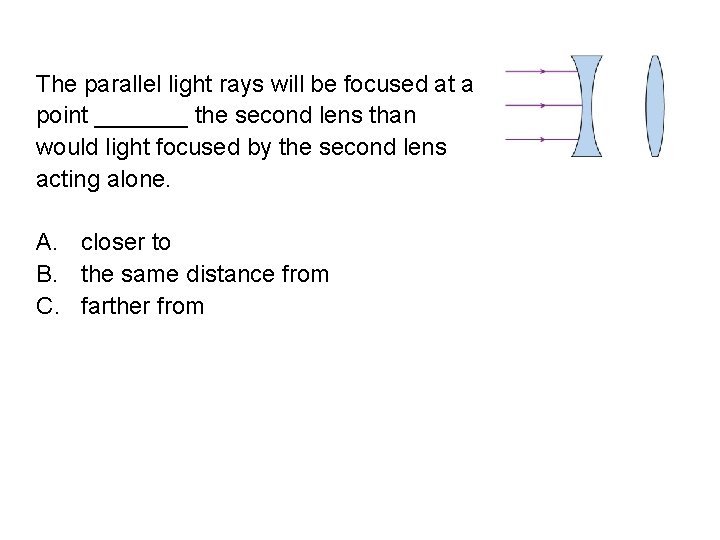 The parallel light rays will be focused at a point _______ the second lens