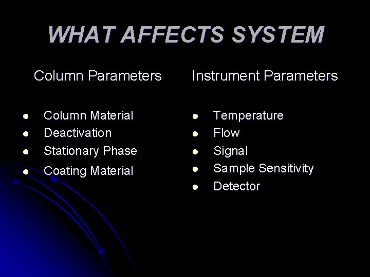 WHAT AFFECTS SYSTEM Column Parameters Instrument Parameters l l Column Material Deactivation Stationary Phase WHAT AFFECTS SYSTEM Column Parameters Instrument Parameters l l Column Material Deactivation Stationary Phase