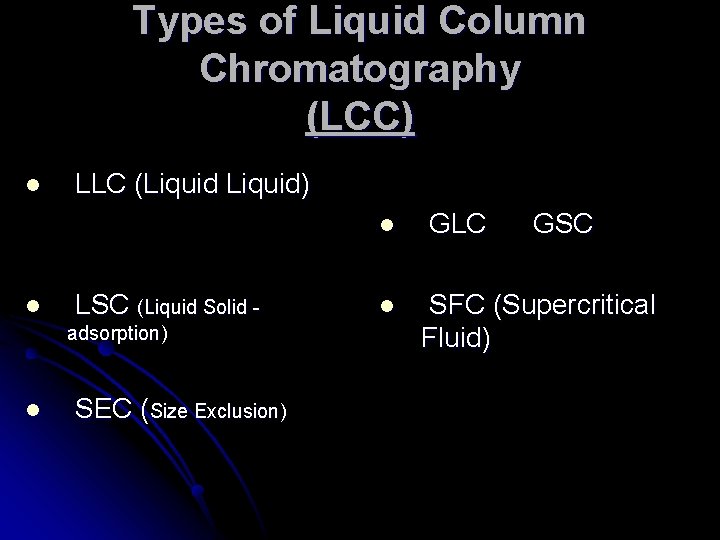 Types of Liquid Column Chromatography (LCC) l LLC (Liquid) l l LSC (Liquid Solid Types of Liquid Column Chromatography (LCC) l LLC (Liquid) l l LSC (Liquid Solid