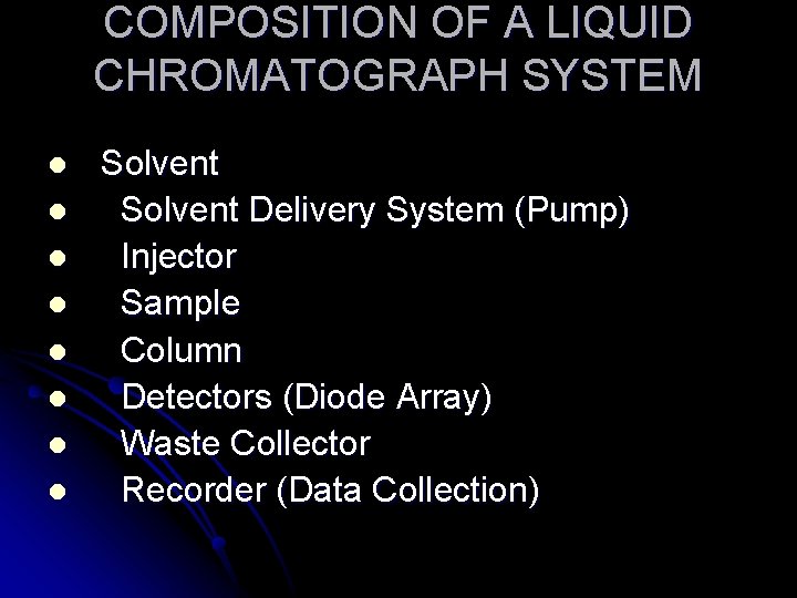 COMPOSITION OF A LIQUID CHROMATOGRAPH SYSTEM l l l l Solvent Delivery System (Pump) COMPOSITION OF A LIQUID CHROMATOGRAPH SYSTEM l l l l Solvent Delivery System (Pump)