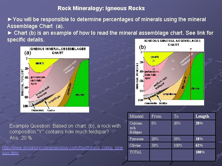 Rock Mineralogy: Igneous Rocks ►You will be responsible to determine percentages of minerals using