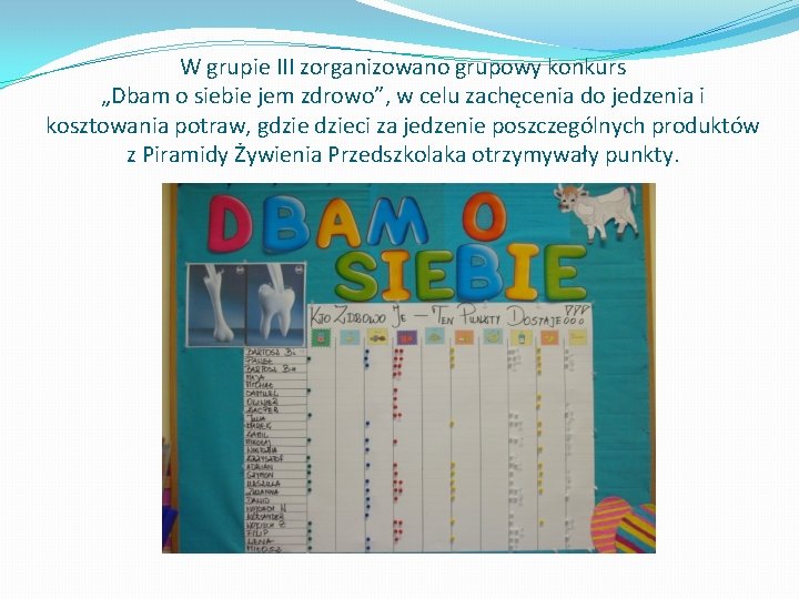 W grupie III zorganizowano grupowy konkurs „Dbam o siebie jem zdrowo”, w celu zachęcenia