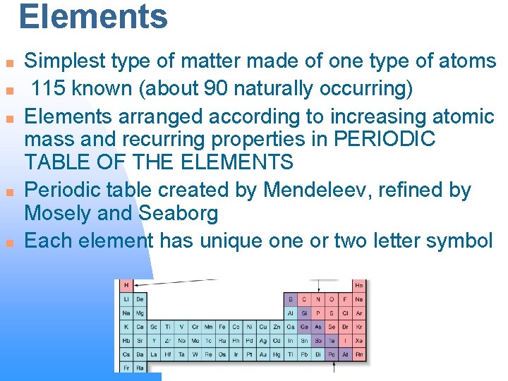Elements n n n Simplest type of matter made of one type of atoms