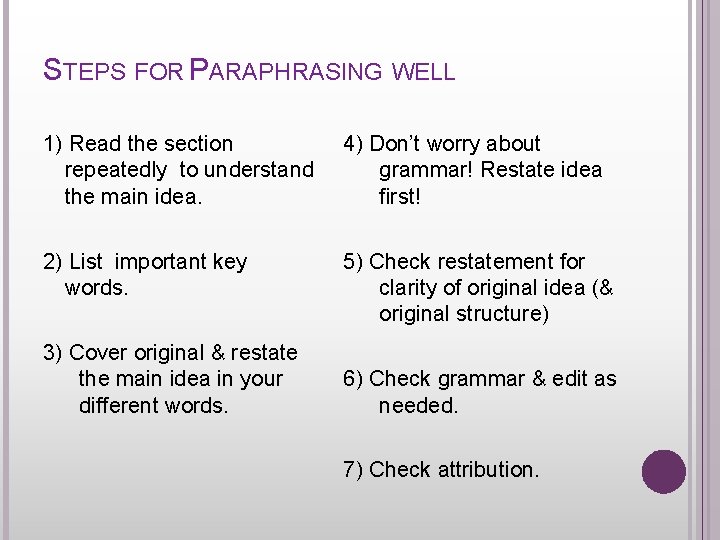 STEPS FOR PARAPHRASING WELL 1) Read the section repeatedly to understand the main idea.