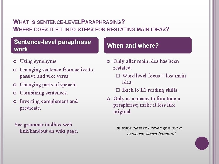 WHAT IS SENTENCE-LEVEL PARAPHRASING? WHERE DOES IT FIT INTO STEPS FOR RESTATING MAIN IDEAS?