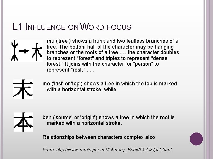 L 1 INFLUENCE ON WORD FOCUS mu ('tree') shows a trunk and two leafless