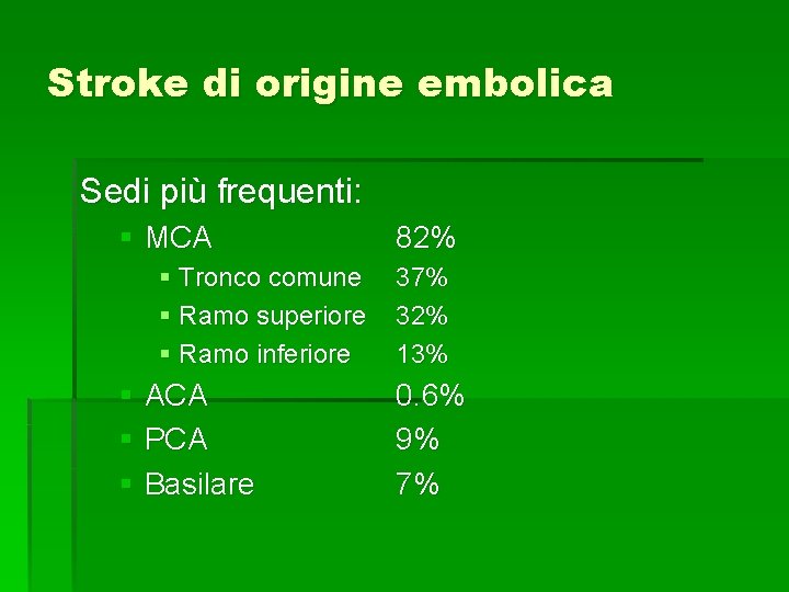 Stroke di origine embolica Sedi più frequenti: § MCA § Tronco comune § Ramo Stroke di origine embolica Sedi più frequenti: § MCA § Tronco comune § Ramo