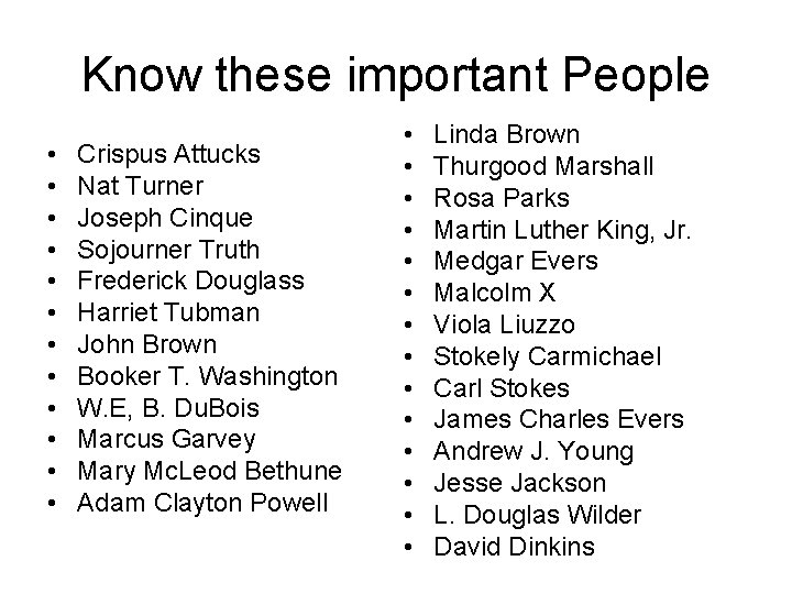 Know these important People • • • Crispus Attucks Nat Turner Joseph Cinque Sojourner