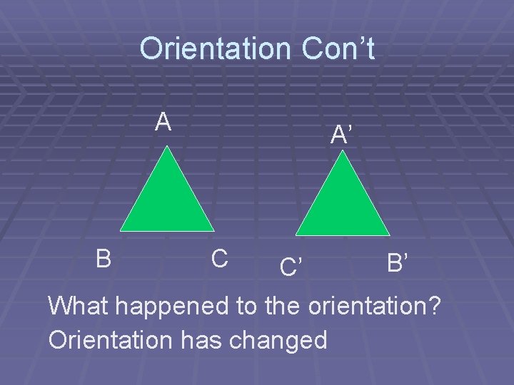 Orientation Con’t A B A’ C B’ C’ What happened to the orientation? Orientation