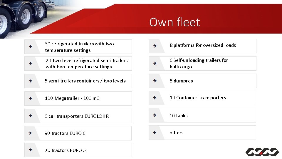 Own fleet 50 refrigerated trailers with two temperature settings 8 platforms for oversized loads