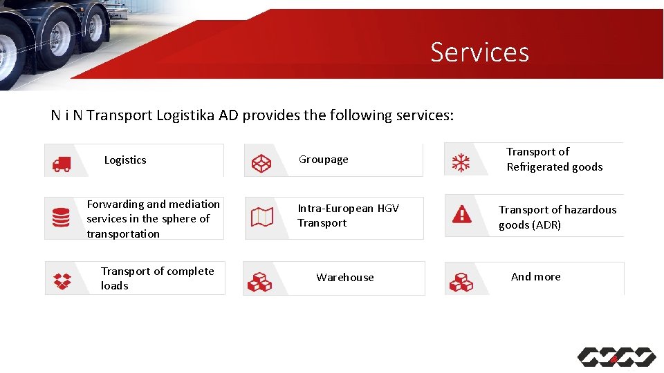 Services N i N Transport Logistika AD provides the following services: Logistics Forwarding and