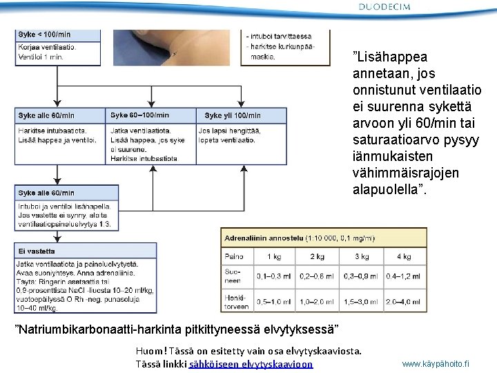 ”Lisähappea annetaan, jos onnistunut ventilaatio ei suurenna sykettä arvoon yli 60/min tai saturaatioarvo pysyy