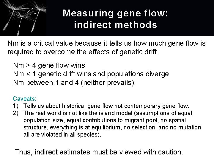 Measuring gene flow: i ndirect methods Nm is a critical value because it tells