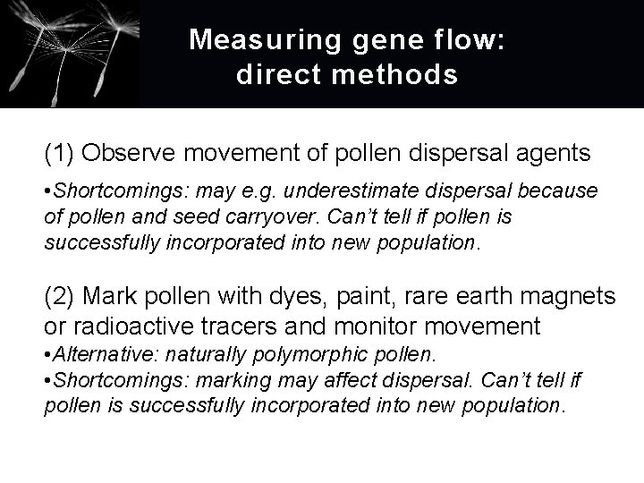 Measuring gene flow: d irect methods (1) Observe movement of pollen dispersal agents •