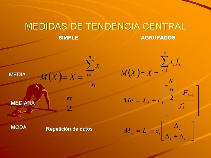 MEDIDAS DE TENDENCIA CENTRAL SIMPLE MEDIANA MODA Repetición de datos AGRUPADOS 