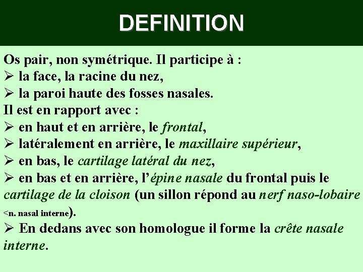 DEFINITION Os pair, non symétrique. Il participe à : Ø la face, la racine