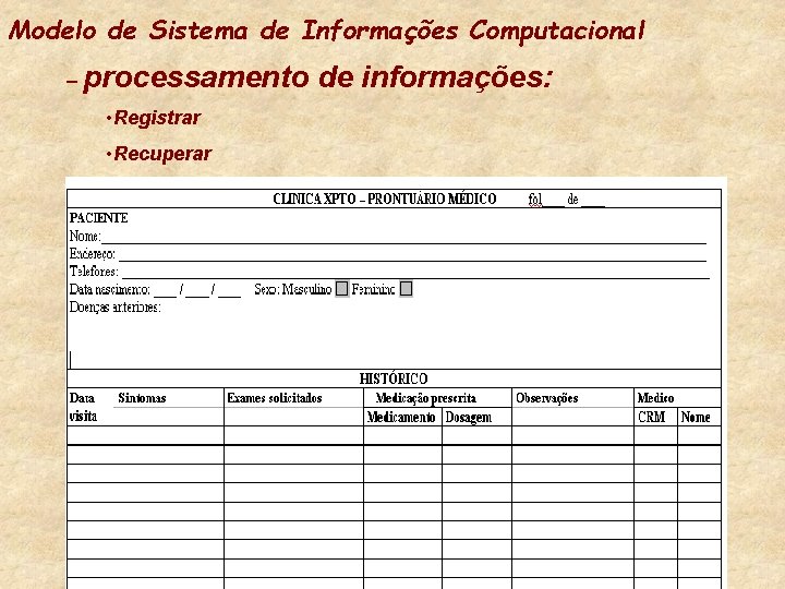 Modelo de Sistema de Informações Computacional – processamento • Registrar • Recuperar de informações: