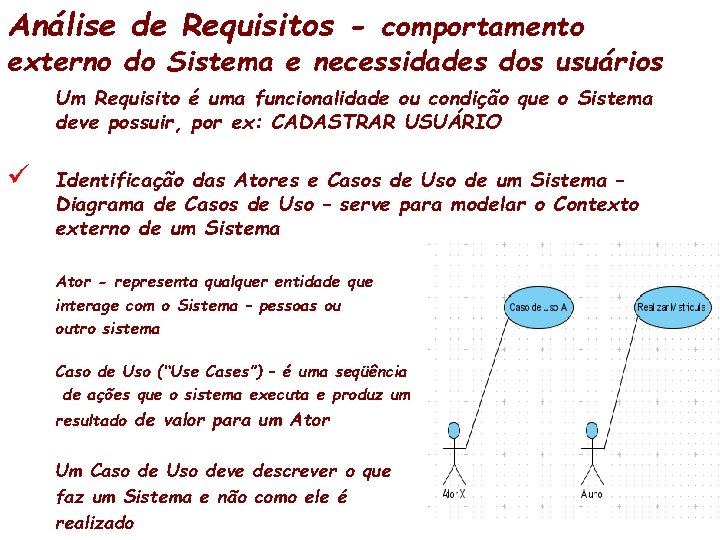 Análise de Requisitos - comportamento externo do Sistema e necessidades dos usuários Um Requisito