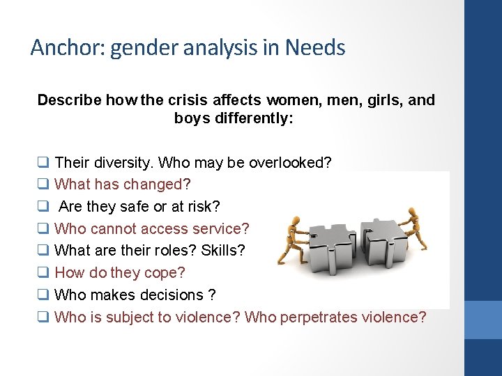 Anchor: gender analysis in Needs Describe how the crisis affects women, girls, and boys