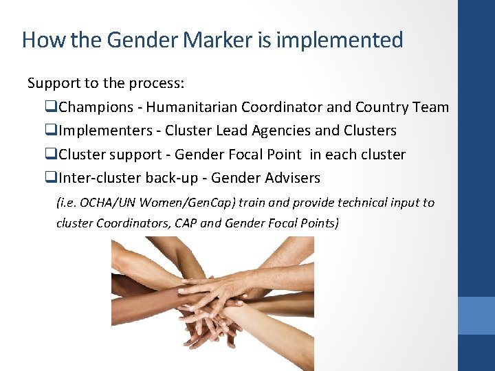 How the Gender Marker is implemented Support to the process: q. Champions - Humanitarian