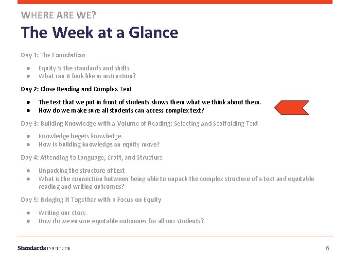 WHERE ARE WE? The Week at a Glance Day 1: The Foundation ● ●