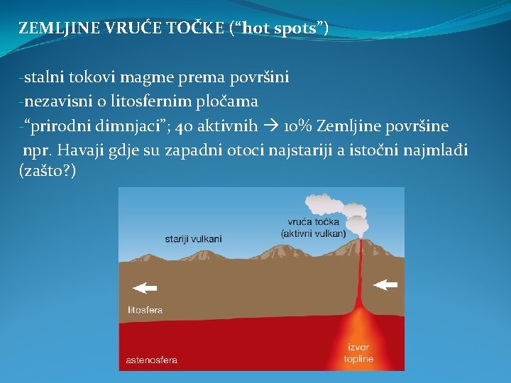 ZEMLJINE VRUĆE TOČKE (“hot spots”) -stalni tokovi magme prema površini -nezavisni o litosfernim pločama