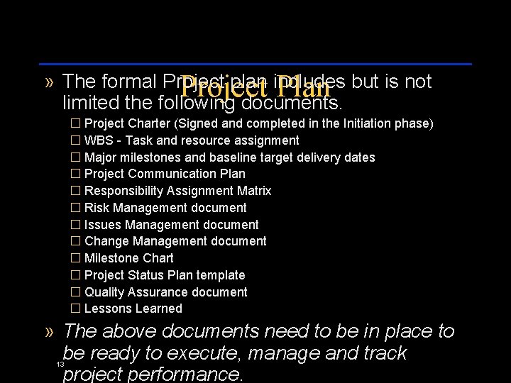 » The formal Project plan includes but is not Project Plan limited the following