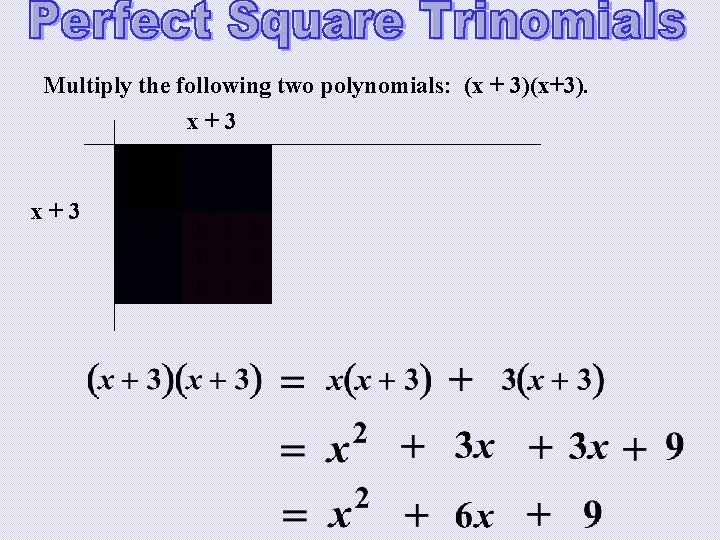 Multiply the following two polynomials: (x + 3)(x+3). x+3 x 2 x+3 Multiply the following two polynomials: (x + 3)(x+3). x+3 x 2 x+3