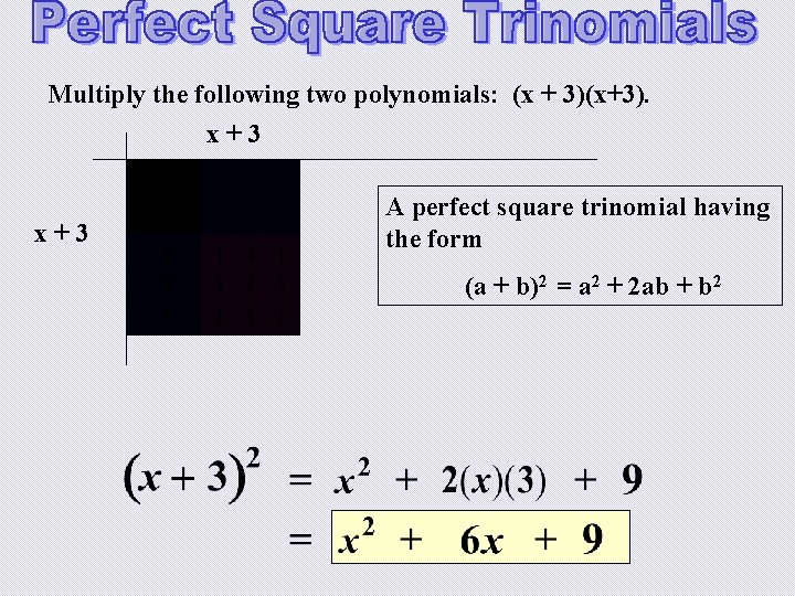 Multiply the following two polynomials: (x + 3)(x+3). x+3 x 2 x+3 A perfect Multiply the following two polynomials: (x + 3)(x+3). x+3 x 2 x+3 A perfect