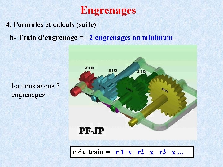 Engrenages 4. Formules et calculs (suite) b- Train d’engrenage = 2 engrenages au minimum