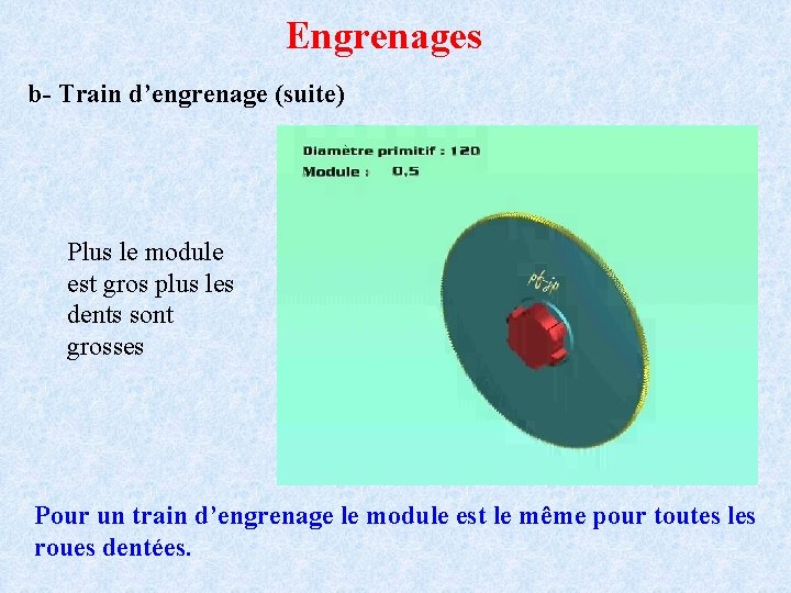 Engrenages b- Train d’engrenage (suite) Plus le module est gros plus les dents sont