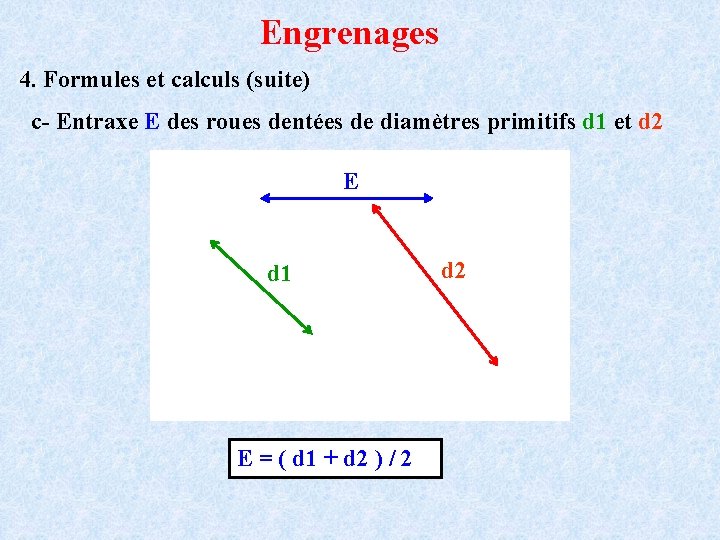 Engrenages 4. Formules et calculs (suite) c- Entraxe E des roues dentées de diamètres