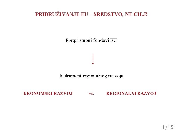 PRIDRUŽIVANJE EU – SREDSTVO, NE CILJ! Pretpristupni fondovi EU Instrument regionalnog razvoja EKONOMSKI RAZVOJ