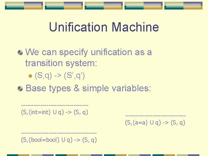 Unification Machine We can specify unification as a transition system: l (S, q) ->