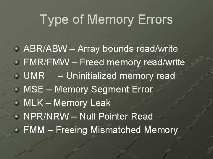 Type of Memory Errors ABR/ABW – Array bounds read/write FMR/FMW – Freed memory read/write