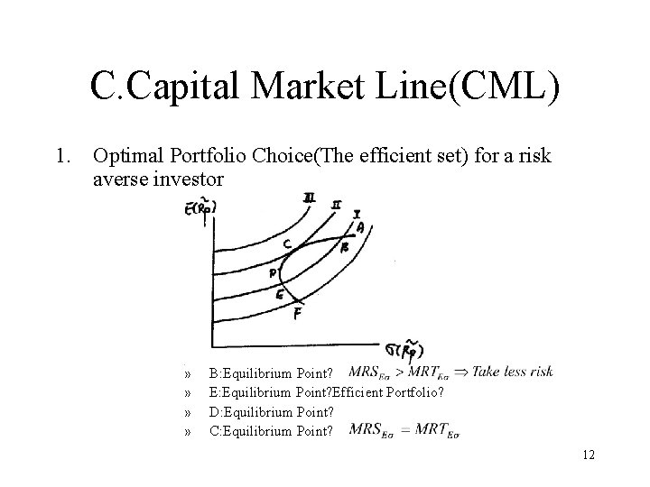 C. Capital Market Line(CML) 1. Optimal Portfolio Choice(The efficient set) for a risk averse