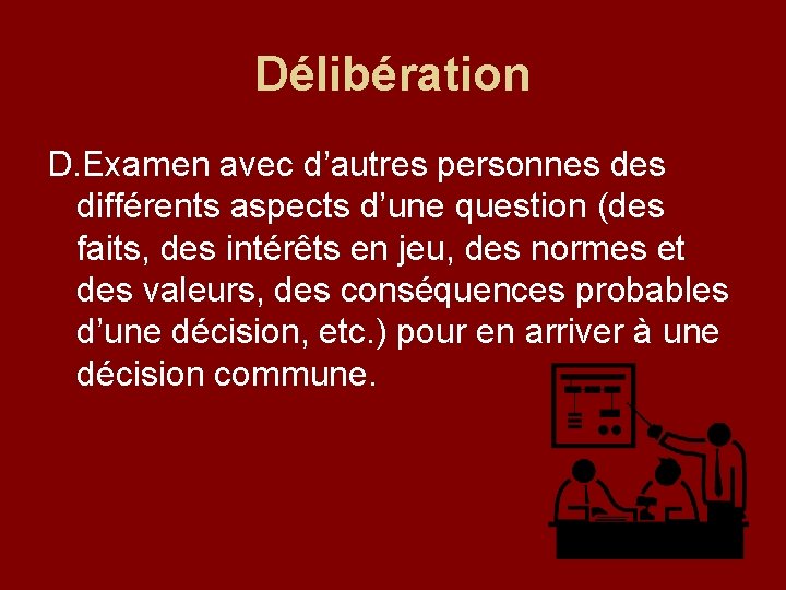 Délibération D. Examen avec d’autres personnes différents aspects d’une question (des faits, des intérêts