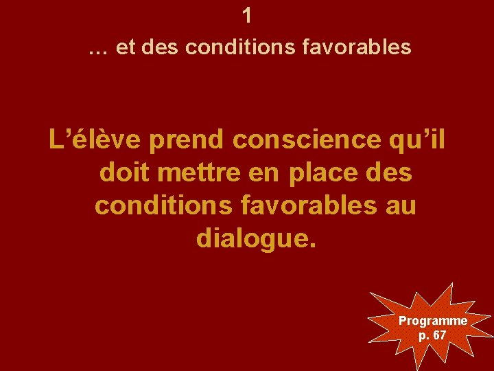 1 … et des conditions favorables L’élève prend conscience qu’il doit mettre en place