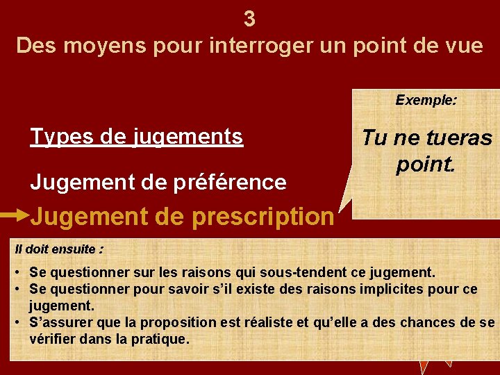 3 Des moyens pour interroger un point de vue Exemple: Types de jugements Jugement