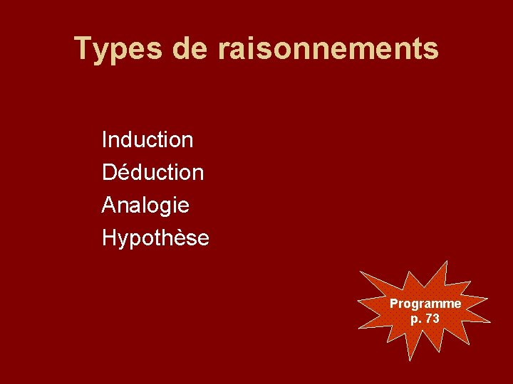 Types de raisonnements Induction Déduction Analogie Hypothèse Programme p. 73 