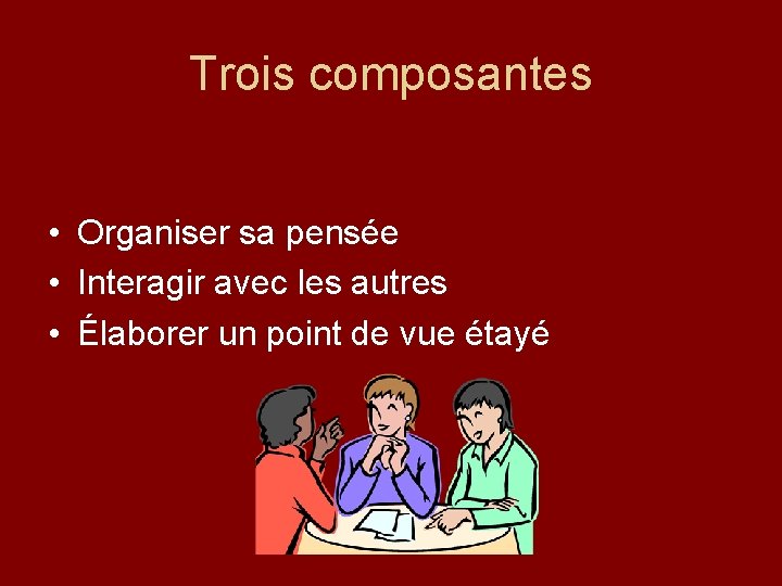Trois composantes • Organiser sa pensée • Interagir avec les autres • Élaborer un