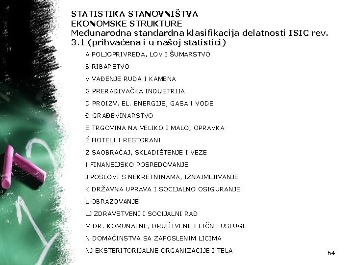 STATISTIKA STANOVNIŠTVA EKONOMSKE STRUKTURE Međunarodna standardna klasifikacija delatnosti ISIC rev. 3. 1 (prihvaćena i